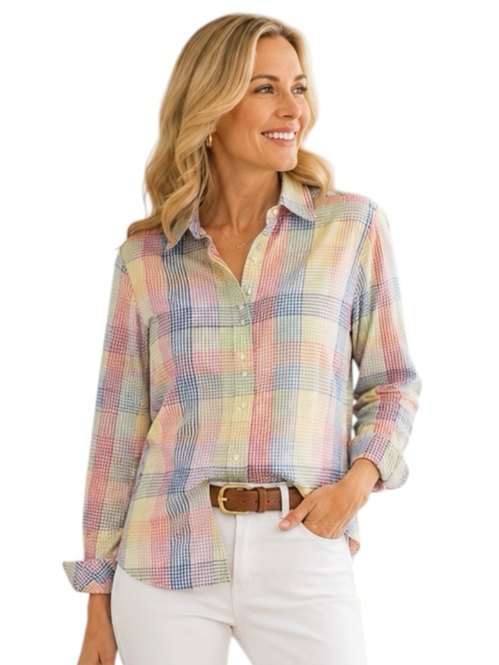 Foxcroft | Pastel rainbow plaid Button-down Sz 10 EUC